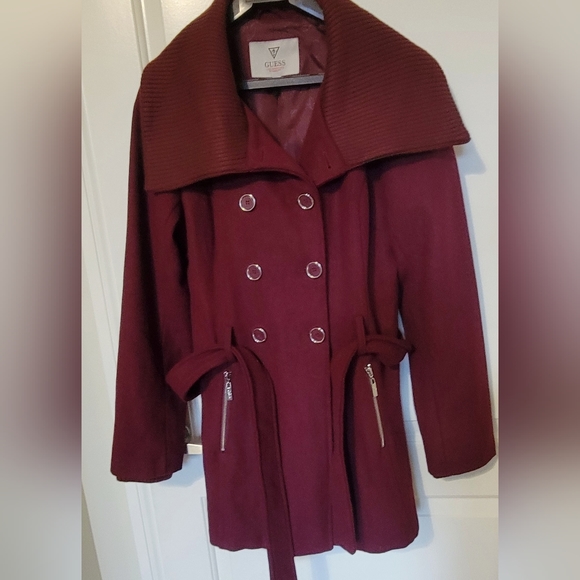 GUESS Double Breasted Wool Blend Peacoat Burgundy / Maroon - Picture 5 of 10